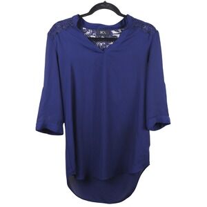 BCX Navy Blue Lace Detail V Neck 3/4 Sleeve High Low Tunic Top Women's Large‎